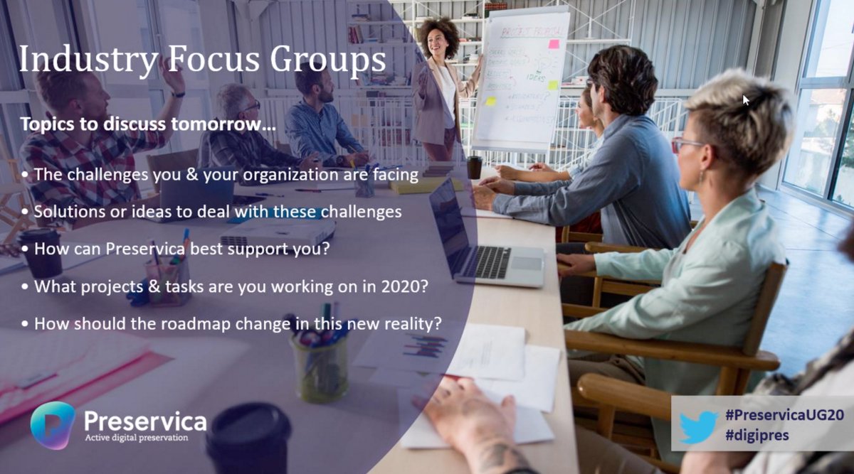 As we wrap up day one of #PreservicaUG20, be sure to join us tomorrow at 14.00 GMT for our breakout Industry Focus Groups. These groups are a chance to share any challenges you face and how Preservica can best support your specific industry. 

#DigiPres #DigitalPreservation