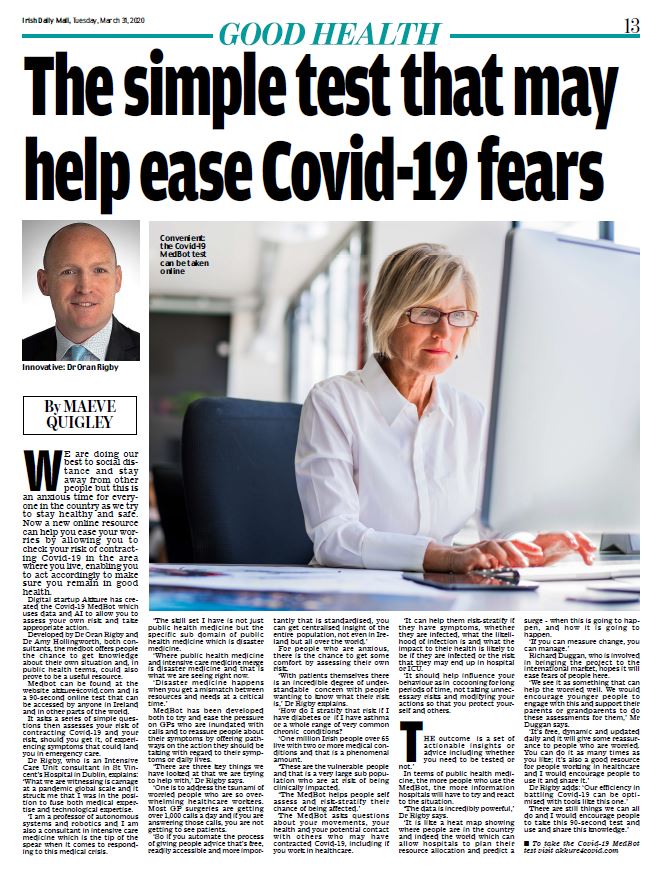 covidmedbot's tweet image. Feature on COVIDMedBot in the Health Supplement of todays @irishdailymail Our founder Dr. Oran Rigby discusses the MedBot + how we&apos;re hoping to ease the burden on the healthcare system. In 90 secs gain your COVID risk assessment + guidelines of next steps: akkure4covid.com