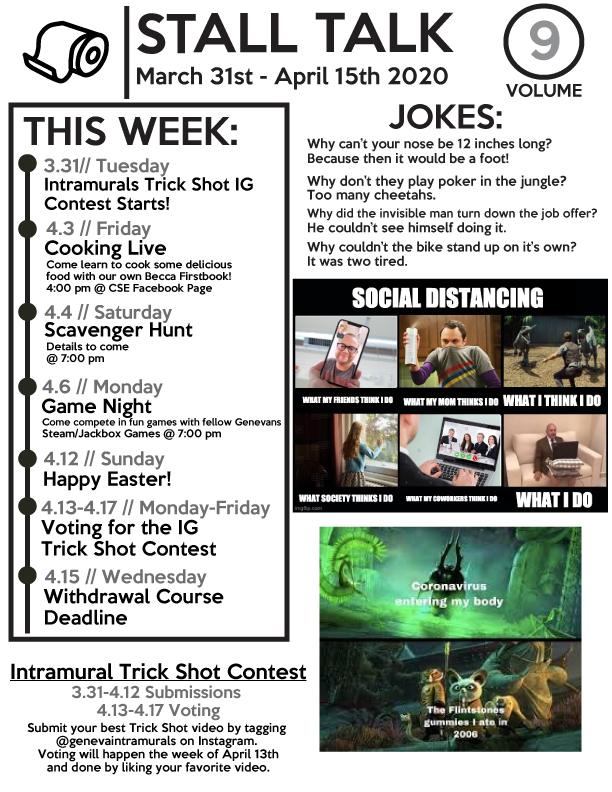 genevaCSE's tweet photo. Students... We know you're missing your bi-weekly dose of Geneva events, jokes, and memes so we have decided to take Stall Talk to the web. https://t.co/31z6Pw8TKB