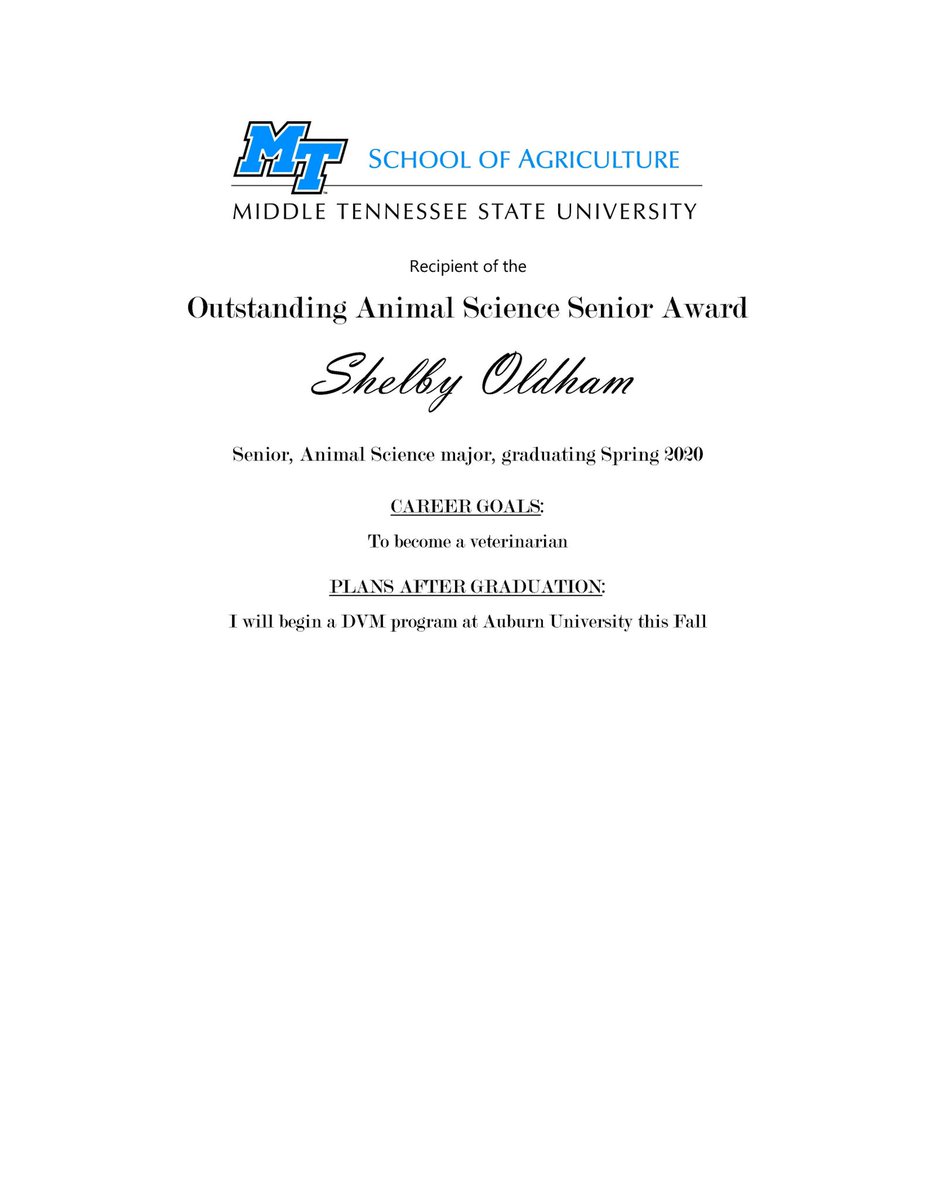 MTSUAg's tweet image. Introducing our 2020 Outstanding Animal Science Senior Award recipient - Shelby Oldham! Congrats Shelby, well deserved! 💙🐕🐈🤝🎉 @MTSUNews @AuburnVetMed @AuburnU