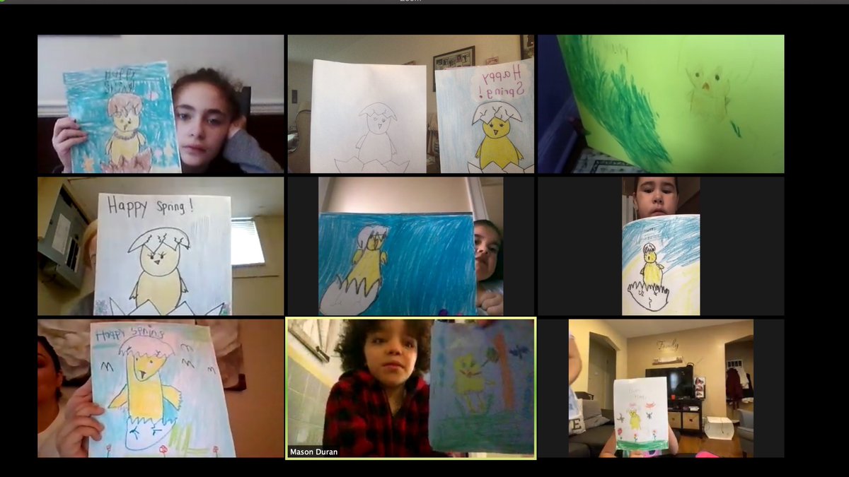 Grade1School4's tweet photo. Zoom chats in 1st grade!!! We drew a picture to welcome spring!!! #betterdaysarecoming https://t.co/pDwYPbjL0h