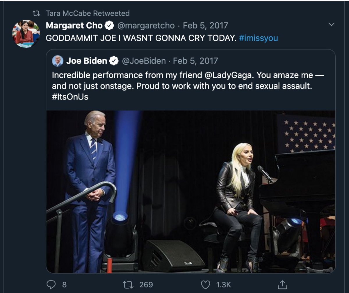 As you can see in February of 2017, Reade retweeted a Tweet praising  @JoeBiden Biden for the work he has done with  @ladygaga to help "END SEXUAL ASSAULT." (thread)