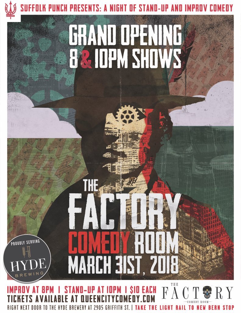 FactoryCLT's tweet image. 🎈🎉 Today is our birthday! 🥂🍾

Here’s the poster from our first show Saturday March 31st, 2018.

#Charlotte #CharlotteNC #Clt #Improv #Sketch #Standup #SupportLocalComedy