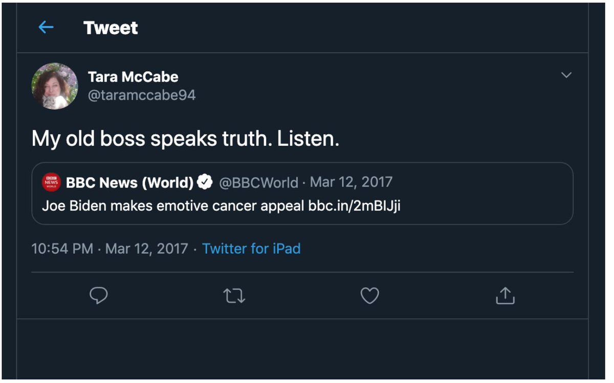 If Tara Reade was really sexually assaulted by Joe Biden in 1993, why would she go out of her way to publicly praise her perpetrator for helping stop sexual assault? Also why would she tell her followers to "Listen" to Joe Biden because he "speaks truth" in 2017? (thread)