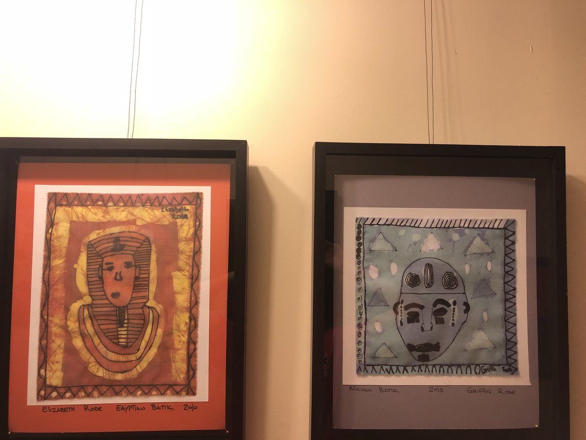 MsERode's tweet photo. @RodeMartha hangs up some of my brother and I’s artwork up in the hallway by our rooms! What shapes can you see?  
P.S. Which one do you think is better. I like the left! #shapehunt #BuBlockamath https://t.co/fO3nQe5uML