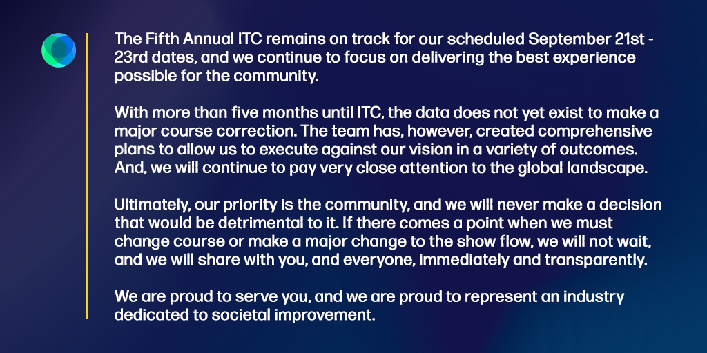An important message from our CEO <a href="/jayweintraub/">Jay Weintraub</a> and President <a href="/MeeJungJang/">Mee-Jung Jang</a> regarding #ITC2020