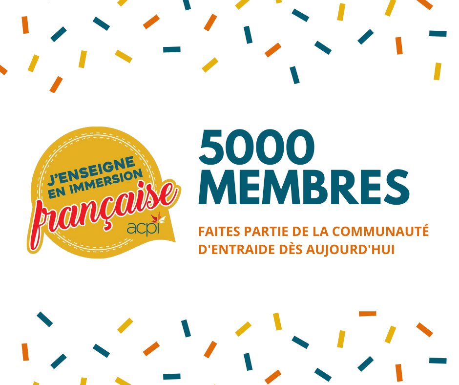 ACPI_'s tweet photo. Le groupe J'enseigne en immersion française compte maintenant 5000 membres! Rejoingnez le groupe dès maintenant pour faire partie de la belle communauté d'entraide. Posez vos questions, recevez des conseils et partagez vos belles trouvailles. https://t.co/YssedwVYMi https://t.co/Yag7ZoD0Gv