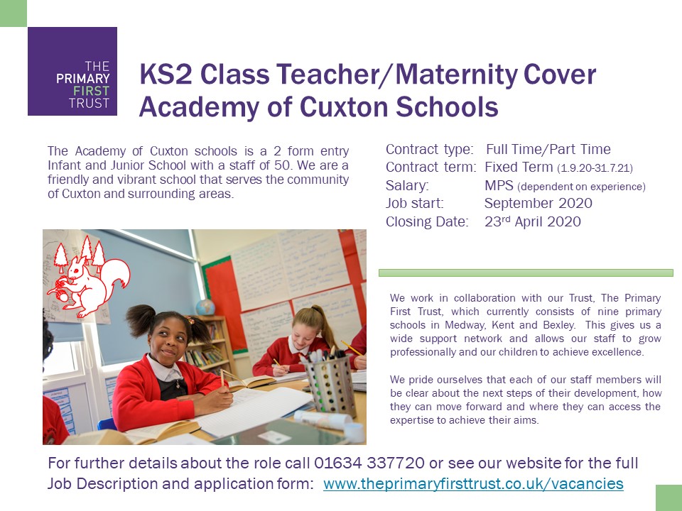 Primary1stTrust's tweet image. @Cuxton_Schools have a vacancy for a KS2 Class Teacher/Maternity Cover starting in September.  See our website for full details: theprimaryfirsttrust.co.uk/ks2-class-teac… #First4Staff #TeamCuxton #teachingjobs #schooljobs