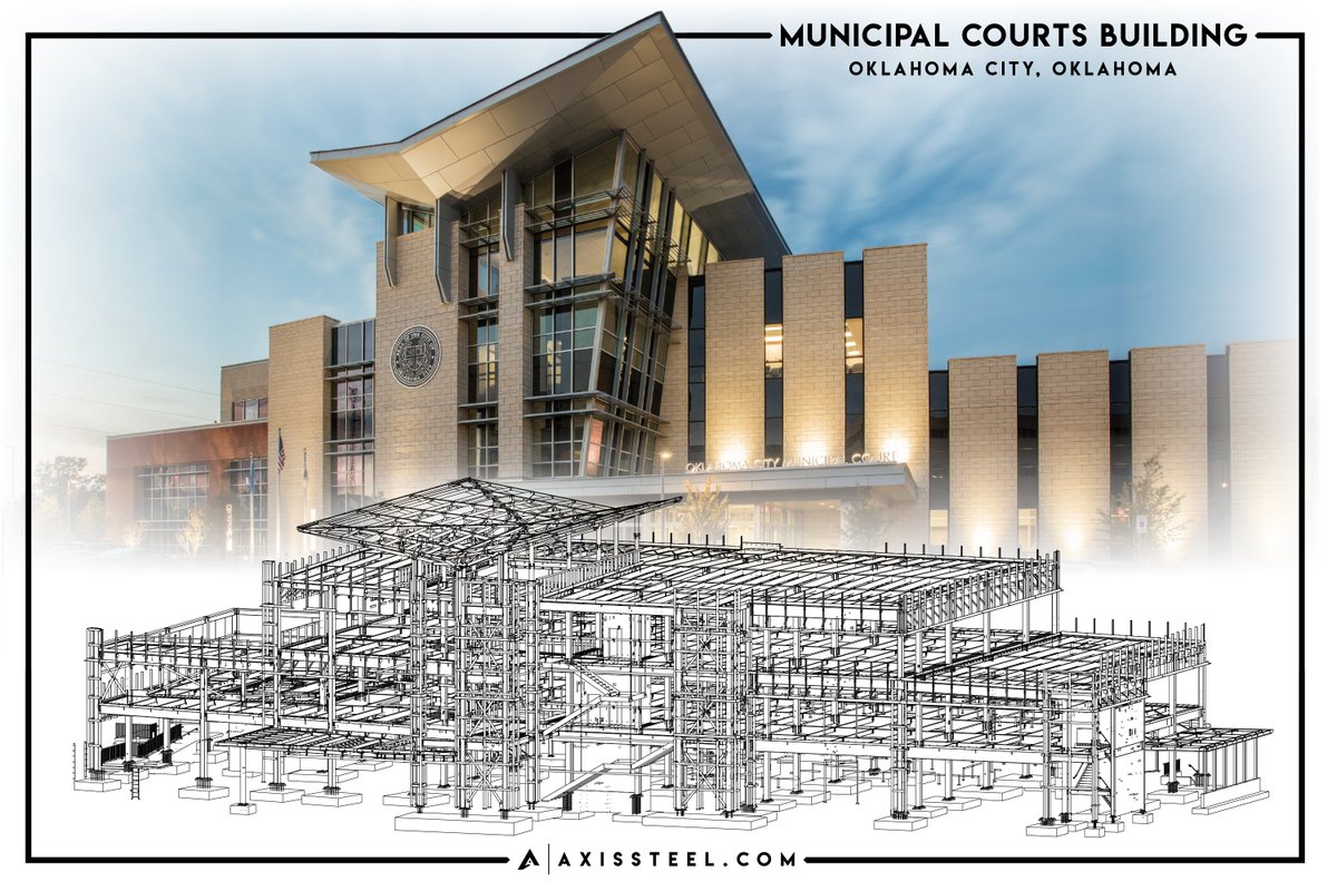 axissteel's tweet photo. This beautiful, 780-ton @cityofokc Municipal Courts Building was a really fun project for our #SteelDetailing team. The three-story structure had a very unique inverted offset V-roof canopy. 
#axissteel #steel #aisc #nisd #construction #steeldetailer  #bim #tekla #teklastructures https://t.co/Otsvk7xBID