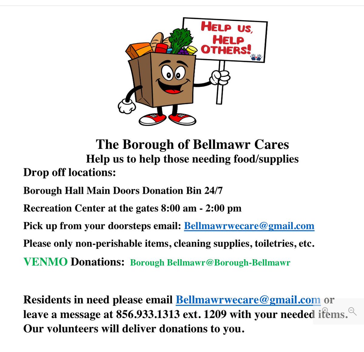 bellmawrschools's tweet photo. Bellmawr Cares Help those needing food/supplies 
Drop off locations: Borough Hall Main Doors 
Donation Bin 24/7 Rec Cent. gates 8am -2pm 
Pick up from your door email: Bellmawrwecare@gmail.com Residents in need:Bellmawrwecare@gmail.com or message 856.933.1313 X1209 we deliver! https://t.co/SZlVtnYPYj