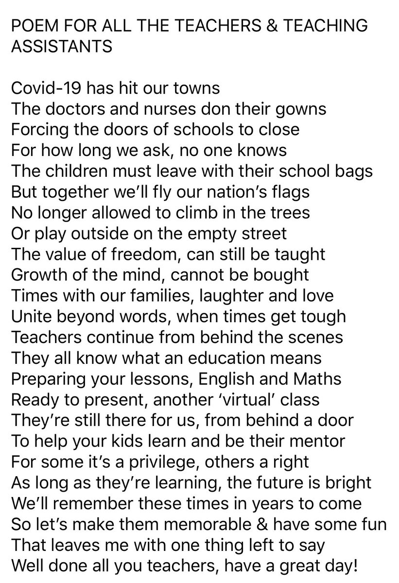 dportlock2's tweet photo. I shall try to write poems for different key workers over the coming weeks but to kick it off here is one for Teachers &amp; TA’s 👩‍🏫 💻📕🗒 #teachersareheroes #keyworkers #coronavirus #COVID19 #thankyou #thankyouteachers #PoetryTuesday https://t.co/VoRzsmjhcd