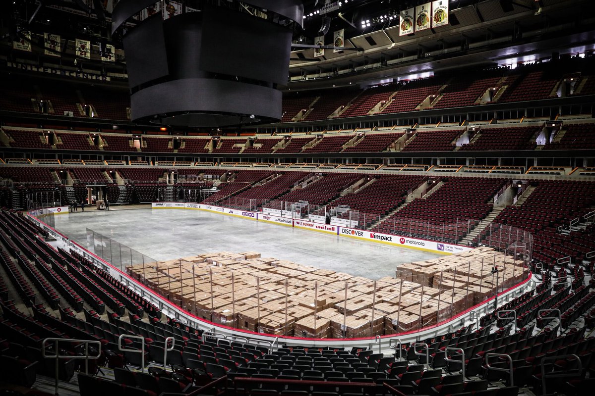 Here are some of the first photos of United Center being used as a relief center, arena is now being used as a satellite storage facility for the  @FoodDepository - worthy, urgent cause.