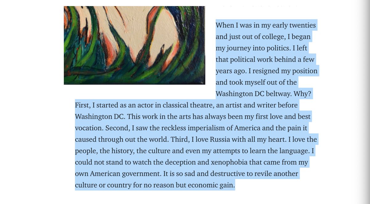 In a 2018 article ( https://archive.is/Vi7Hf#selection-273.0-273.520) that Tara Reade has since deleted, she wrote that she left politics in DC because she was sick of American imperialism and because she "loved Russia with all her heart." This seems contradictory, but there's more...(thread)