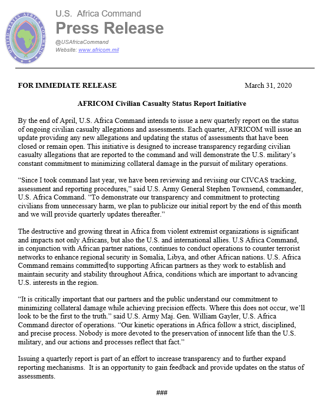 USAfricaCommand's tweet photo. NEWS: U.S. Africa Command Civilian Casualty Status Report Initiative
----
Designed to increase transparency regarding allegations that are reported and demonstrate the U.S. military’s commitment to minimizing collateral damage in military operations.
----
https://t.co/6kT6MtRavS https://t.co/RfXOuxkBTg