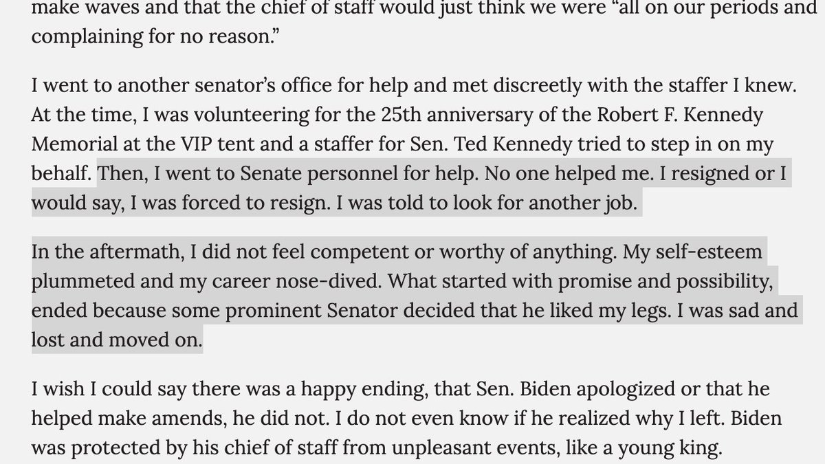 In an April 2019 article in The Union ( https://www.theunion.com/opinion/columns/alexandra-tara-reade-a-girl-walks-into-the-senate/), Tara Reade's story seems to change. This time she seems to claim to have essentially been blacklisted by Biden and forced to leave DC. (thread)