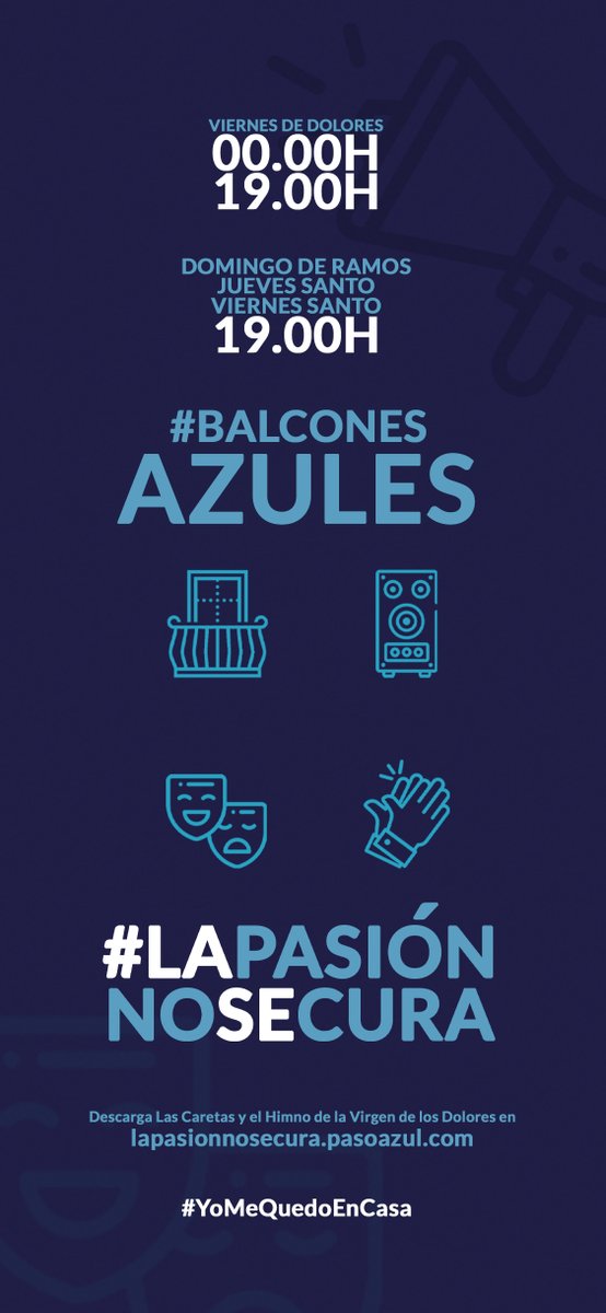 pasoazullorca's tweet photo. #BALCONESAZULES
Esta Semana Santa nuestros balcones serán nuestro particular y excepcional palco.
- SERENATA 00.00h con el Himno de Nuestra Madre y "Las Caretas"
- VIERNES DE DOLORES, DOMINGO DE RAMOS, JUEVES SANTO y VIERNES SANTO a las 19.00h
#PasiónEnCasa https://t.co/YHvGJ5xgZm