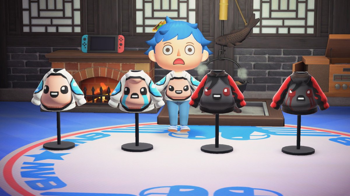 ScottReinke's tweet photo. Made a couple hoodies in #AnimalCrossing: Isaac and Azazel from #BindingofIsaac (Front->left, Back->right). #AnimalCrossingDesigns https://t.co/l82fyz0wli