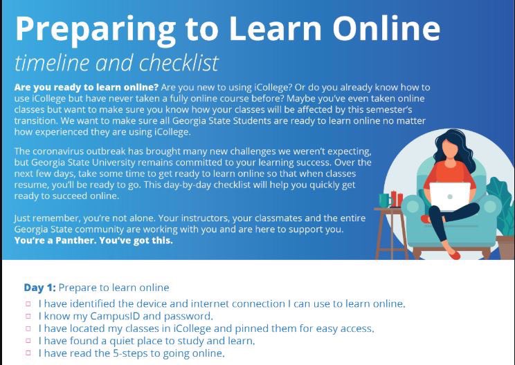 GaStateSI's tweet image. Hello panthers! SI is here to help during this time of change. Today we’re sharing step one of preparing to learn online. Visit cetl.gsu.edu/resources/reso… for more information and the rest of the tips!