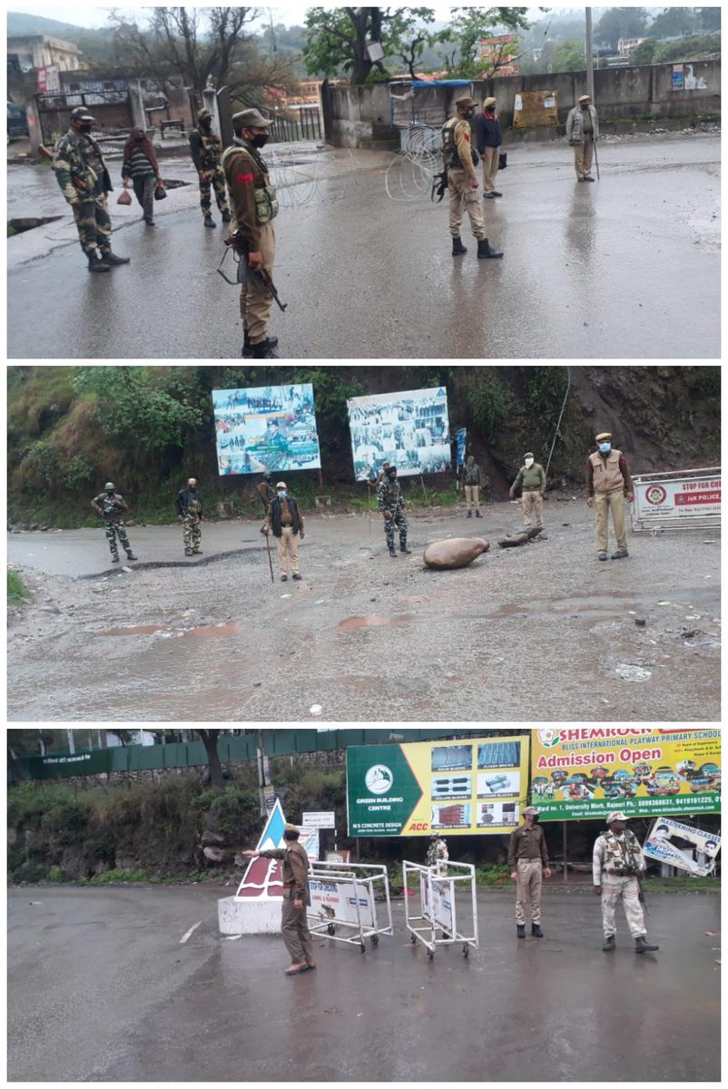 Sumitrajouri's tweet photo. Braving heavy rains, JK Police and para military force personnel on frontline across Rajouri in fight against COVID19. Leaving aside their loved ones at home, men in uniform perform duties 24*7 on roads and streets across Rajouri.
#ForceForYou
@mukesh_ips_jk @rajiv_pandey13 https://t.co/rniAGqtlJn