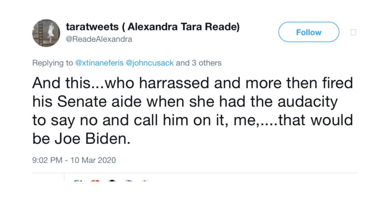 Also in April of 2019 Tara Reade claimed ( https://www.theunion.com/opinion/columns/alexandra-tara-reade-a-girl-walks-into-the-senate/) that she didn't even know if Joe Biden knows why she left working for him in 1993, stating, "I do not even know if he realized why I left."But in March of 2020, the story changed and she claimed Biden fired her!