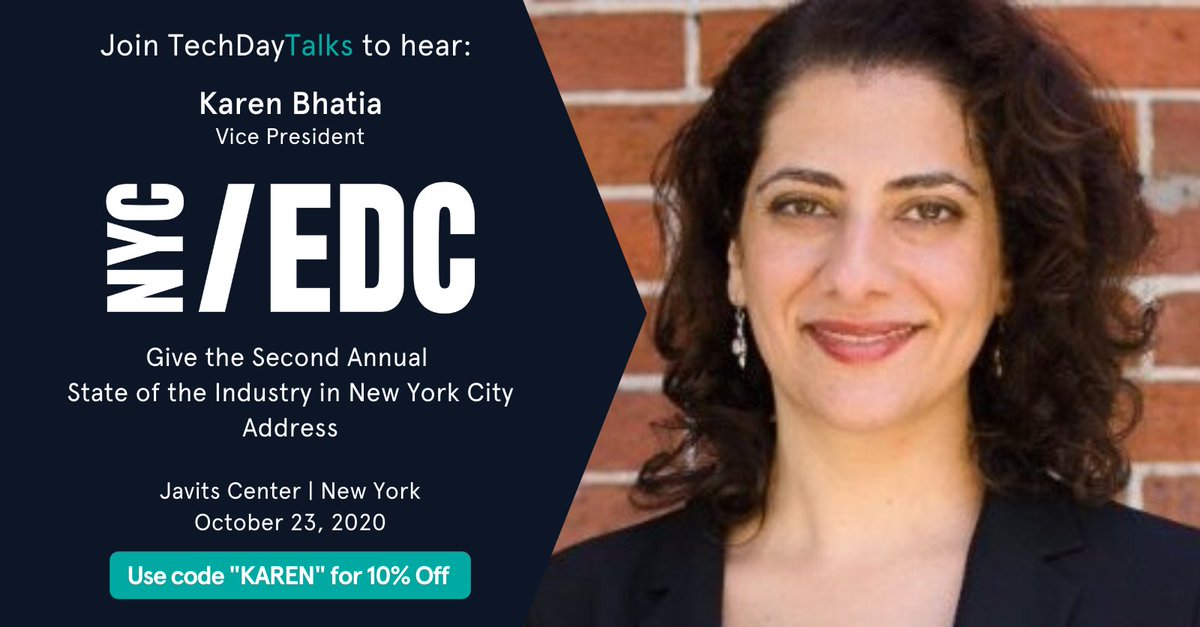 TechDayHQ's tweet image. We’re excited to have Karen Bhatia from the @NYCEDC, speaking at #TechDayTalks on Oct. 23! Join us to better understand of how to #capitalize on growth of the #tech sector in NYC, and learn how NYC is supporting #emerging technologies Register here: ow.ly/U0a650xXww8
