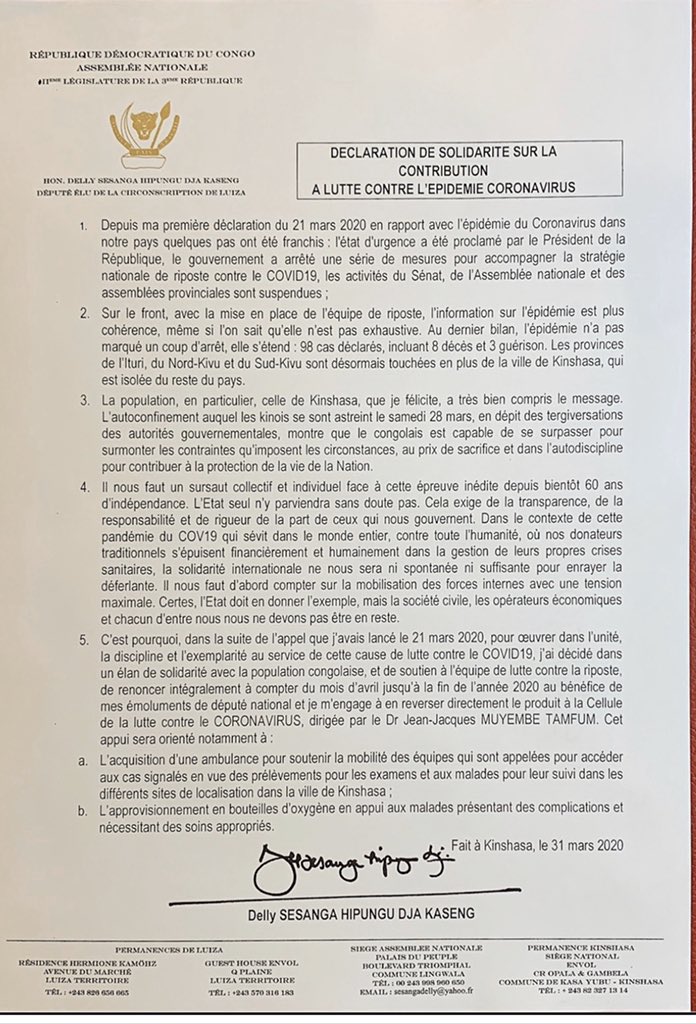 Delly SESANGA HIPUNGU (@dsesanga) on Twitter photo Ma Déclaration de solidarité sur la contribution à la lutte contre l’épidémie de Coronavirus en RD Congo. <a href="/lusakuenoc/">Christian LUSAKUENO</a> <a href="/rkitsita/">Rachel Kitsita Ndongo</a> <a href="/StanysBujakera/">Stanis Bujakera Tshiamala</a> <a href="/umande_jeanric/">Jeanric Umande</a> <a href="/Tresor_k/">Trésor Kibangula</a> <a href="/GrasRomain1/">Romain Gras</a> <a href="/ThierryKambundi/">Thierry Kambundi</a> <a href="/Envol_Rd_Congo/">ENVOL RD CONGO</a> <a href="/TopCongo/">TOP CONGO FM</a> <a href="/radiookapi/">Radio Okapi</a> Ma Déclaration de solidarité sur la contribution à la lutte contre l’épidémie de Coronavirus en RD Congo. <a href="/lusakuenoc/">Christian LUSAKUENO</a> <a href="/rkitsita/">Rachel Kitsita Ndongo</a> <a href="/StanysBujakera/">Stanis Bujakera Tshiamala</a> <a href="/umande_jeanric/">Jeanric Umande</a> <a href="/Tresor_k/">Trésor Kibangula</a> <a href="/GrasRomain1/">Romain Gras</a> <a href="/ThierryKambundi/">Thierry Kambundi</a> <a href="/Envol_Rd_Congo/">ENVOL RD CONGO</a> <a href="/TopCongo/">TOP CONGO FM</a> <a href="/radiookapi/">Radio Okapi</a>