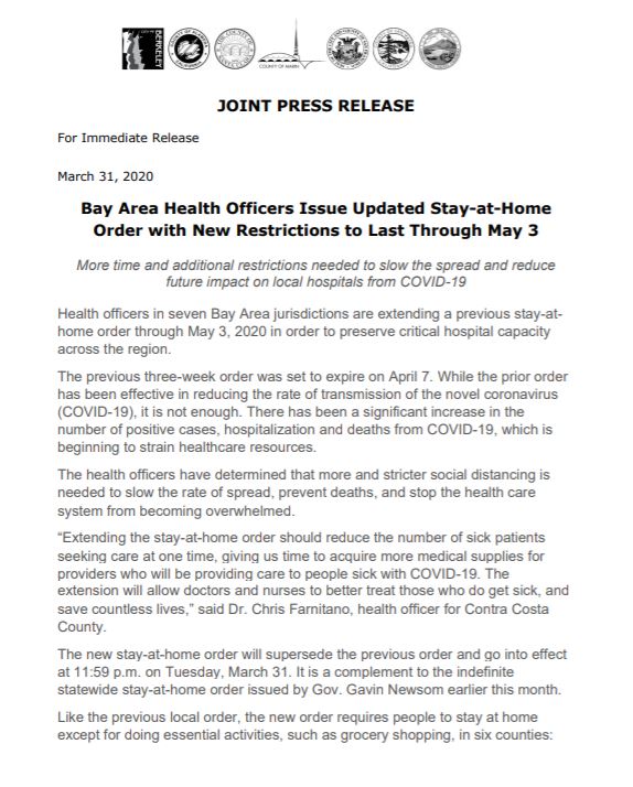 PHillPD's tweet photo. Attention Pleasant Hill - please see the joint Press Release regarding the Bay Area Stay-at-Home Order, now extended through May 3rd, 2020, with updated social distancing requirements. Visit https://t.co/za3eaUXxI2 for more info. https://t.co/VwwuKART36