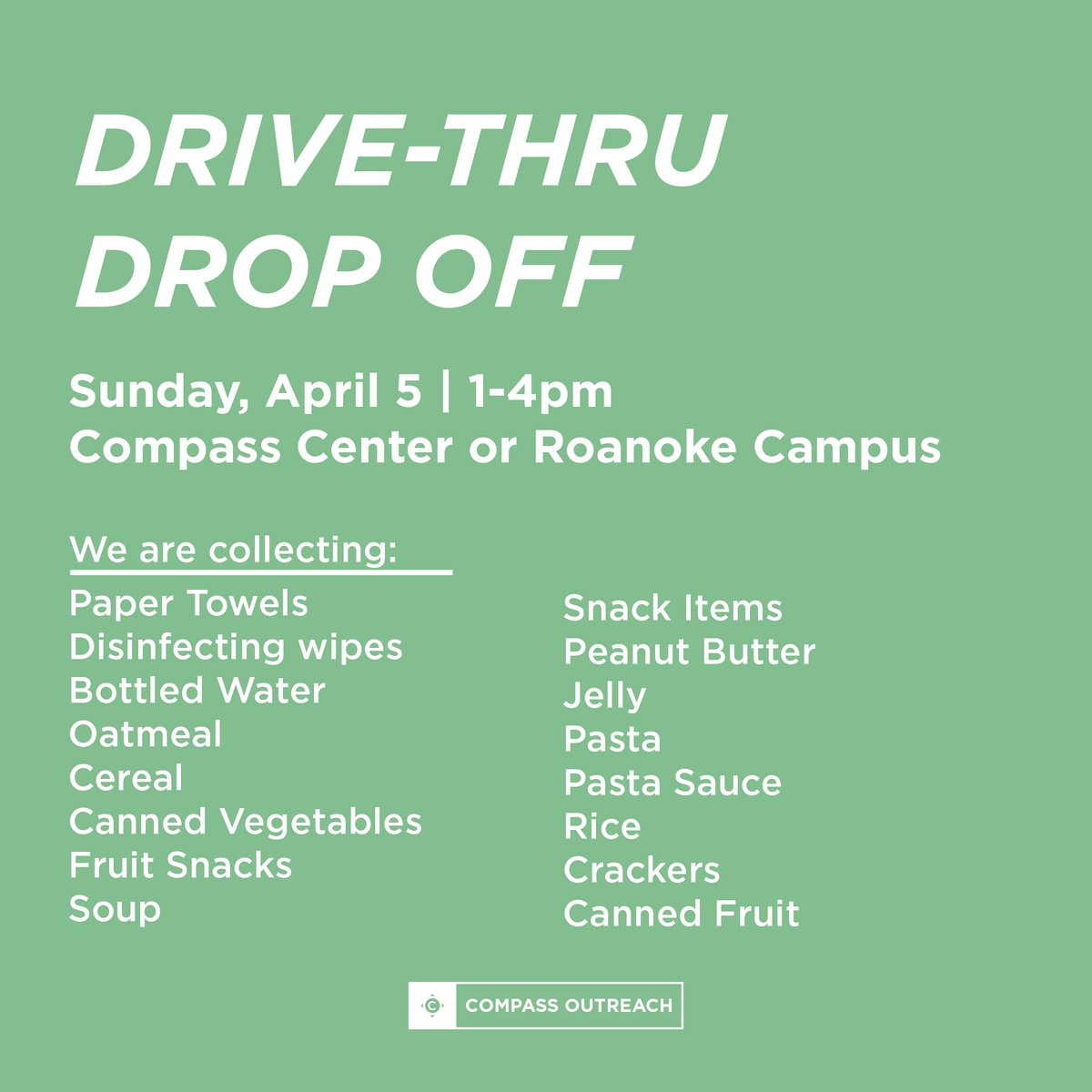 mycompasschurch's tweet photo. 🚘 Drive-Thru Drop Off is this Sunday, 1-4pm
We are collecting items for our community as well as a 500 4th-6th Graders in Bridgeport. Bins will be outside each location.

Drop Off Locations: 
Compass Center | 4201 Pool Rd | Grapevine
Roanoke Campus | 1101 Tx-114 | Roanoke https://t.co/aCaZnJBbEg