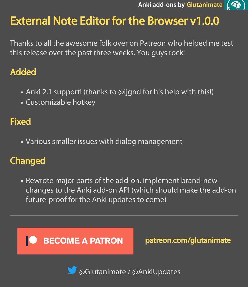 External Note Editor for the Browser v1.0.0 is now available on AnkiWeb!: ankiweb.net/shared/info/19…

Let me know what you think via <a href="/glutanimate/">Glutanimate</a>
Support my work: patreon.com/glutanimate

#AnkiAddons #AnkiSRS #Anki #SpacedRepetition
