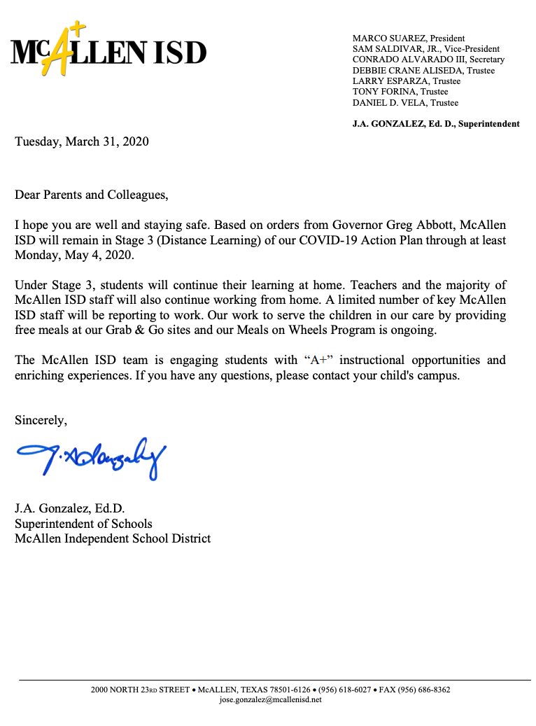 McAllenISD's tweet photo. UPDATE: Message from Superintendent. https://t.co/49buvxANVM
