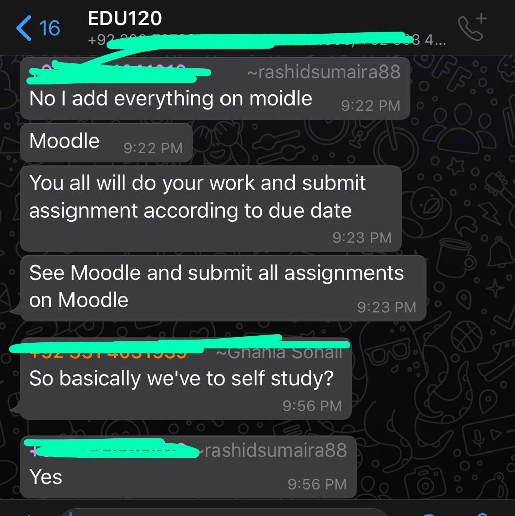 theabdullahawan's tweet photo. @hecpkofficial Just attaching a screenshot and i have a lot of more from the instructors of different courses in which they are forcing us to self study and and submit assignments through email. Is this for we pay 200 thousand per semester to our university?

@hecpkofficial @Shafqat_Mahmood https://t.co/QlBa8fMii2