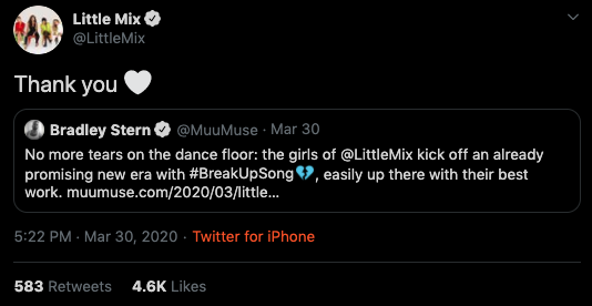 Note that  @LittleMix thanked Bradley Stern for this Break Up Song (BUS) review, so they def saw the reference to their ex-label (!!) You can read it here:  https://twitter.com/MuuMuse/status/1244718609894641666?s=20  #LMBreakUpSong  