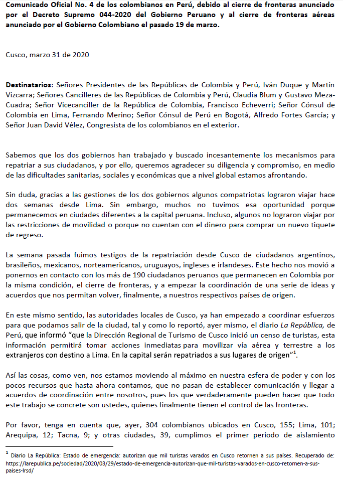 olver_h's tweet photo. @IvanDuque @CancilleriaCol @MartinVizcarraC @CancilleriaPeru @JuanDaVelez Comunicado No 4 de los Colombianos atrapados en Perú. Solicitud de vuelos humanitarios para colombianos y peruanos #queremosvolveracasa @PirryOficial @VickyDavilaH @elespectador #SOSColombianosEnPeru https://t.co/T52joV6aAW