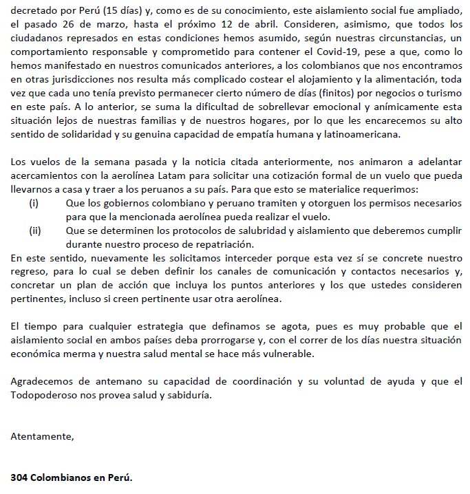 <a href="/IvanDuque/">Iván Duque 🇨🇴</a> <a href="/CancilleriaCol/">Cancillería Colombia</a> <a href="/MartinVizcarraC/">Martín Vizcarra</a> <a href="/CancilleriaPeru/">Cancillería Perú🇵🇪</a> <a href="/JuanDaVelez/">Juan David Vélez</a> Comunicado No 4 de los Colombianos atrapados en Perú. Solicitud de vuelos humanitarios para colombianos y peruanos #queremosvolveracasa <a href="/PirryOficial/">Pirry</a> <a href="/VickyDavilaH/">Vicky Dávila</a> <a href="/elespectador/">El Espectador</a> #SOSColombianosEnPeru