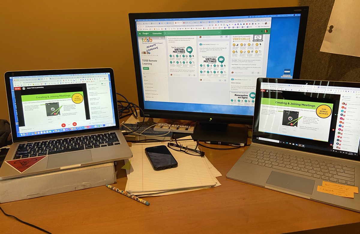 ZeliaMCT's tweet photo. My workspace today & coworker! It's been busy coleading webinars, Q&A during office hours & getting ready to connect with our class community @McM_MsT. Grateful for AMAZING team I am privileged to work with #HTDLL @EDUholtz27 @msjyon @ccatwell @MahfuzaLRahman @jasontries #tdsbdll https://t.co/rnDAIWE9Sp