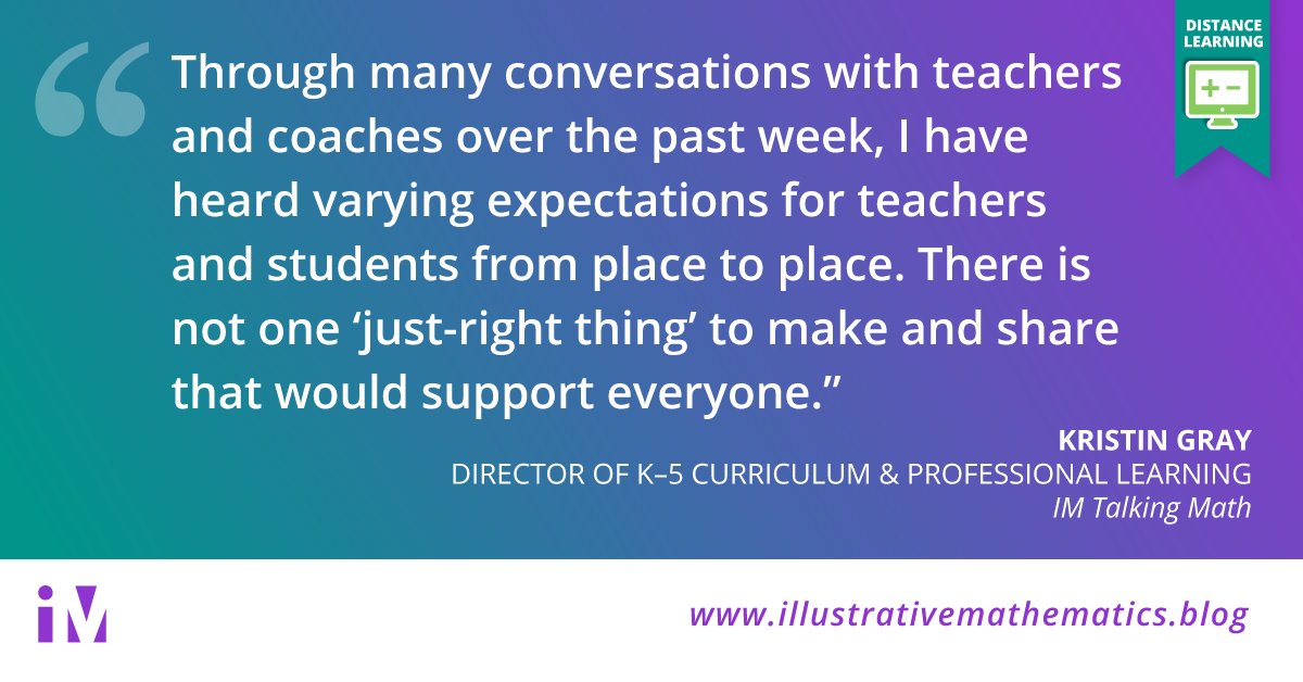 Schools and districts have a wide variety of approaches to distance learning right now. To support this work, IM’s K–5 writing team has designed a new resource: “Talking Math,” a set of daily questions anchored on an image. Read Kristin Gray’s blog post: ow.ly/YVYs50yWAAi