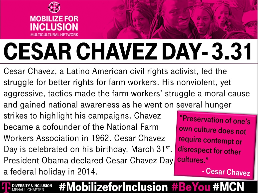 team505menaul's tweet photo. Today is Cesar Chavez Day. We celebrate the birth and legacy of Cesar Chavez's efforts in the civil rights and labor movement. βπΌ#MCN #BeYou #MobilizeForInclusion https://t.co/ZRSVBTburf