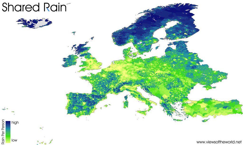 simongerman600's tweet photo. Very pointless but very intriguing map shows rain per person across Europe. https://t.co/sdtc3XyHaP https://t.co/y4X76wiDAx