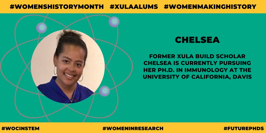 XULA_BUILD's tweet photo. We are finishing #WomensHistoryMonth by highlighting #XULABUILD alums who are making their own history. 
@XULA1925 Alum @ChelseaKelland is working towards her Ph.D. in Immunology at @ucdavis. Keep at it, Chelsea!
#XULA #XULAProud #XULAAlum
#WomeninResearch #FuturePhDs @NRMNET https://t.co/aBlJLXpGwl