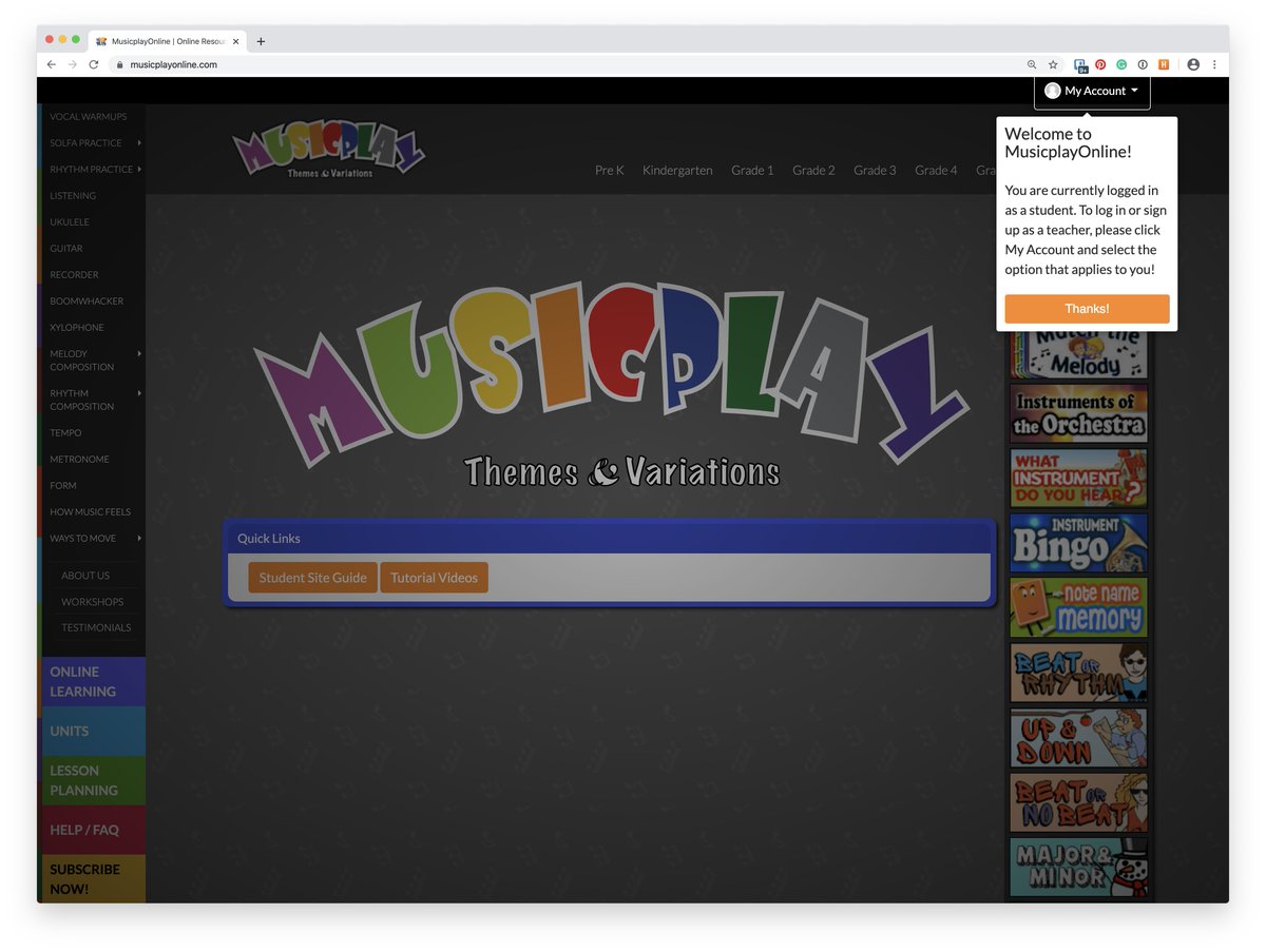 Major announcement: Students no longer have to login!

Any student accessing MusicplayOnline, will no longer have login!! (PS: As a teacher you can still log in or sign up to access more materials! Click on "My Account" in the top right-hand corner for the options!)