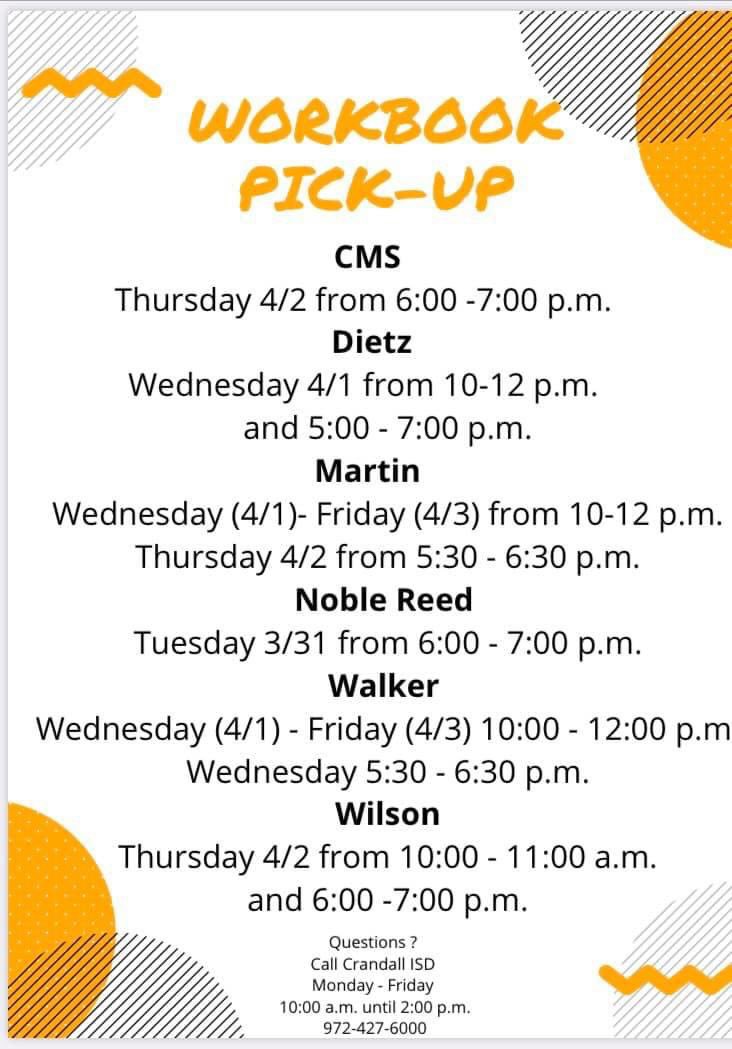 Workbook pick up will happen again tomorrow at Dietz. 10-12 and 5-7.  Each student in grades 1-6th should pick up a book.