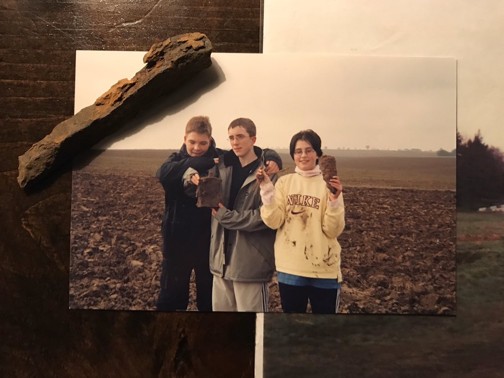 AllisonBTimmins's tweet photo. The #DangerTree, #NoMansLand, and the #trenches at #BeaumontHamel. The final picture is of three of my English students who found artifacts in the field, #shrapnel included. These now-faded photographs were taken with a disposable film camera #otd in March, 2000. https://t.co/thbXQHI9pJ