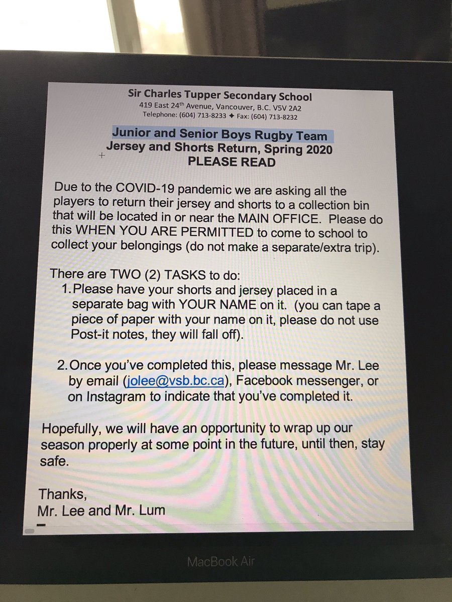Please read above.  WHEN YOU ARE PERMITTED to come to school and collect your things, please return your jersey and shorts and contact Mr. Lee to let him know when and what you returned