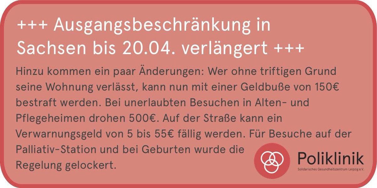 Poliklinik_Le's tweet photo. Um Mitternacht (01.04.2020) tritt die neue Rechtsverordnung in #Sachsen in Kraft. Sie ersetzt die Allgemeinverfügung vom 22.03.2020, das hier sind die wesentlichen Neuerungen zusammengefasst: 
https://t.co/X8ghbruGEa

see the thread for more languages https://t.co/q9IUnU6Tvp