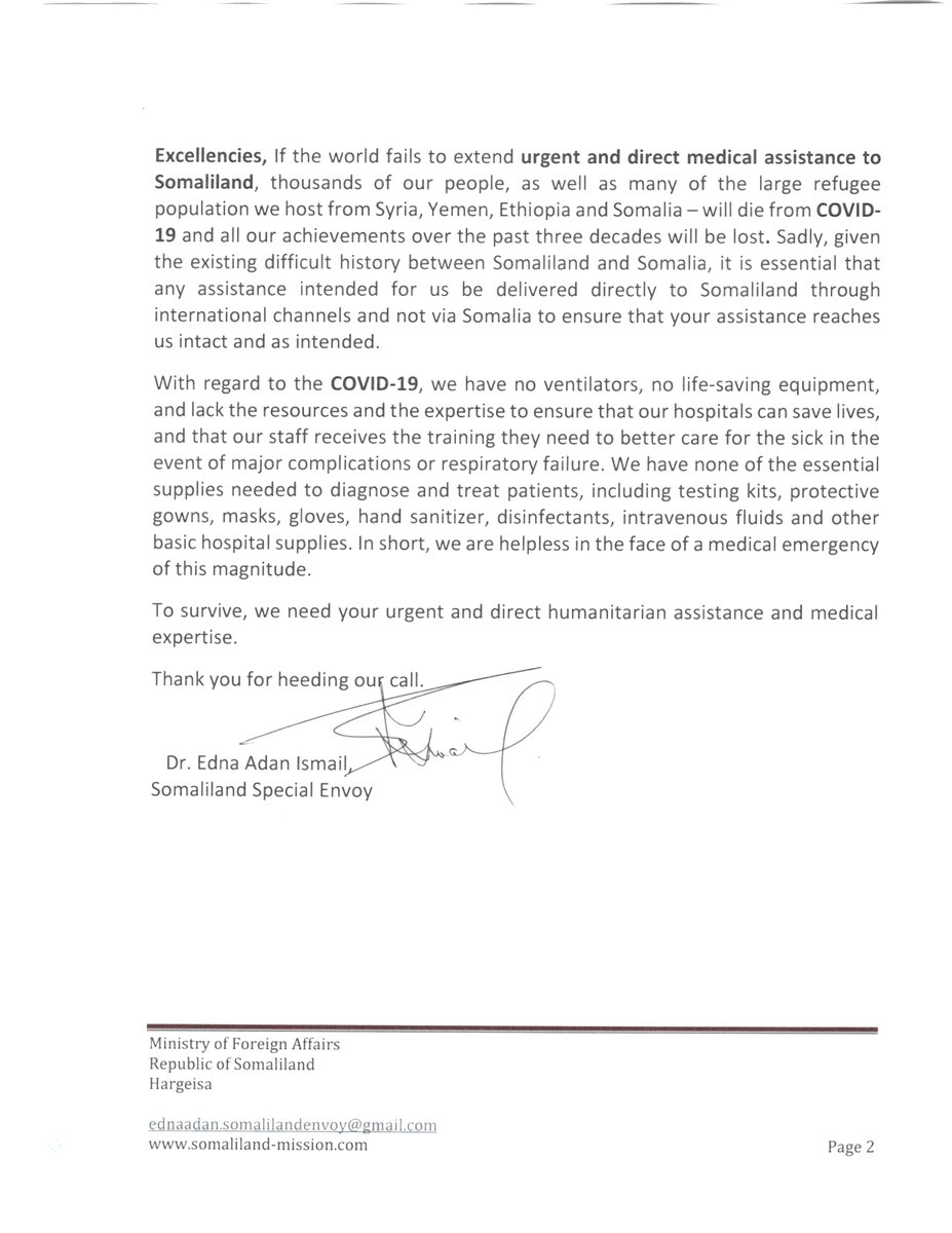 SldiasporaGN's tweet photo. Somaliland's Special diplomatic envoy &amp; former WHO representative Dr. Edna Adam Ismail is appealing to the International Community to provide emergency assistance to Somaliland's under-resourced health system to cope with the #COVID19 epidemic and prevent a humanitarian crisis. https://t.co/Am7O7J6OyG