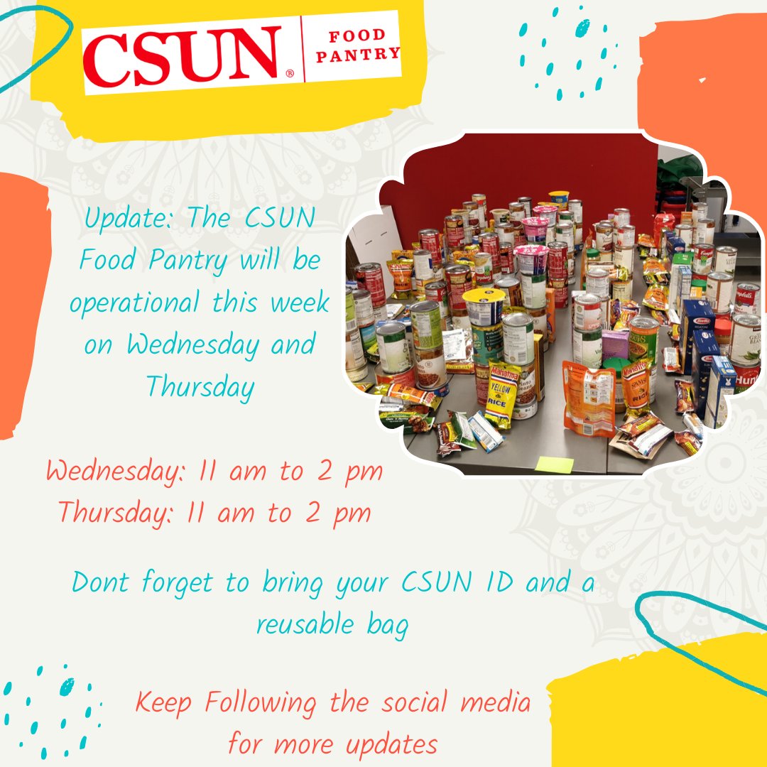 csunfoodpantry's tweet photo. Hey Matadors!
The CSUN Food Pantry will be operational this week with modified hours.
Wednesday and Thursday from 11 am to 2 pm.
Drop by to get a bag of shelf stable items!ππ₯£π₯«π²
Don't forget to bring your CSUN ID and a reusable bag.
#csunfoodpantry
#csuncalfreshoutreach https://t.co/OaWYDFvNX8