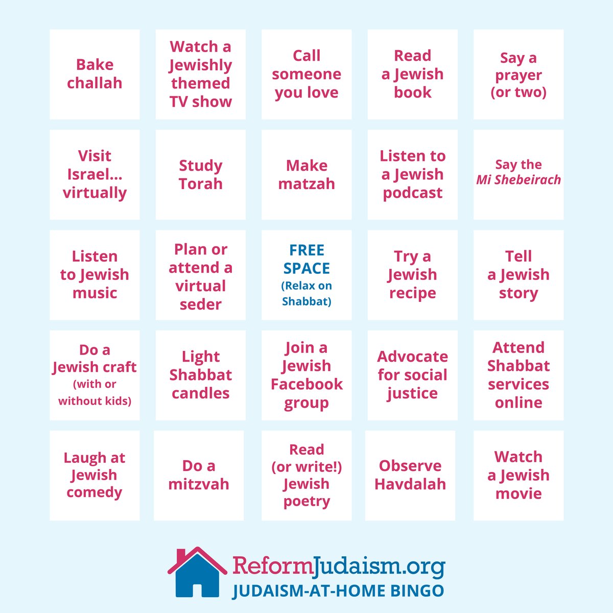 ReformJudaism's tweet image. We compiled 24 Jewish Things to Do Under Quaratine, and put them on a Bingo card. Head over to our Instagram story (instagram.com/reformjudaism) to fill out your own card, and then read about everything on our list at reformjudaism.org/bingo.