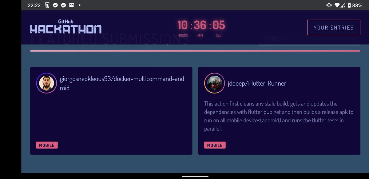 neokleoys2005's tweet photo. Glad to see my submission in the "mobile" featured section for @github's Hackathon about GitHub Actions.
(Disappointed that I didn't submit a description though 😥)
Repo: https://t.co/v649MDAsS3
Hackathon: https://t.co/GZ6BCWGvNO
#AndroidDev #GithubAction #GithubHackathon https://t.co/kFfRBcq8nR
