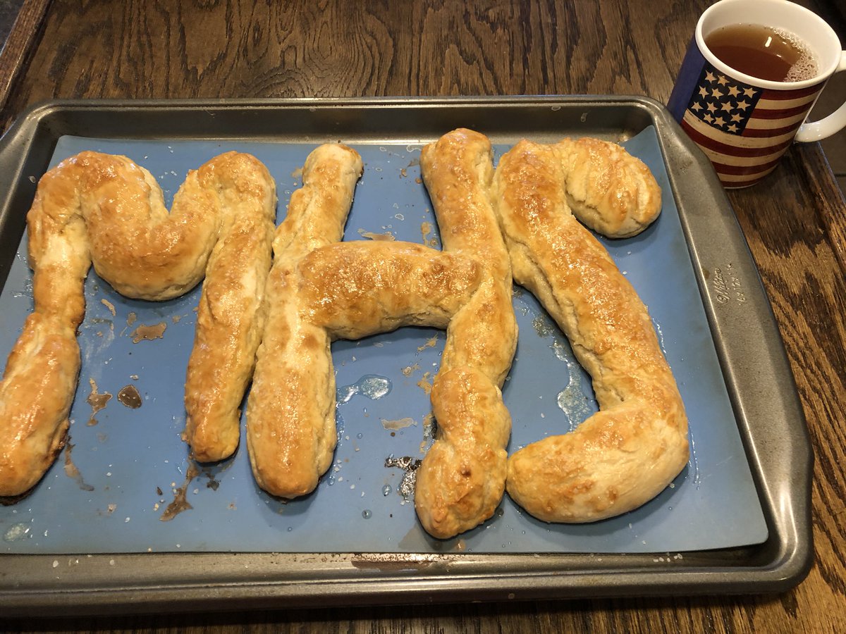 Mehlville Virtual Spirit Week 2, Day 2 #GlobalCoffeeHouse Food Heritage A German Pretzel with a a spot of English Tea in an American Flag mug <a href="/Mehlville_HS/">Mehlville High School</a> #PanthersNotOnTheProwl #WeAreMehlville