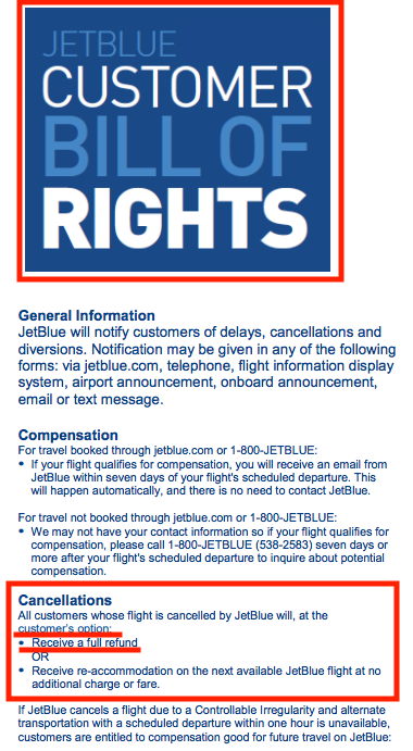 EdwardHe17's tweet photo. @JetBlue Are you really going to throw your own cancellation policy out the door? I guess this "Customer's Bill of RIghts" is "For Display Only" and holds no merit. REFUND my flight that YOU cancelled. @USDOT https://t.co/2q8PhOTeeP